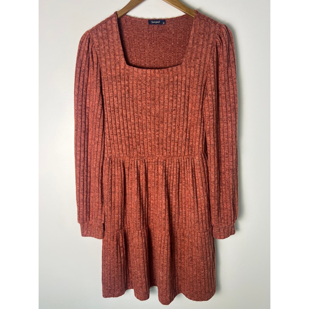 Sampeel Ribbed Knit Dress Wm M Rust Square Neck Tiered Babydoll Mini Cottagecore
